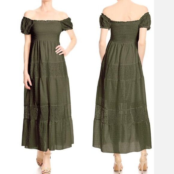 Anna-Kaci Women's Boho Lace Sleeve Smocked Maxi Dress, Olive Green, M - Picture 2 of 16